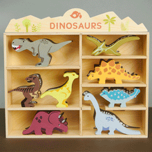 Load image into Gallery viewer, Wooden Tender Leaf 8 Dinosaurs Shelf Set
